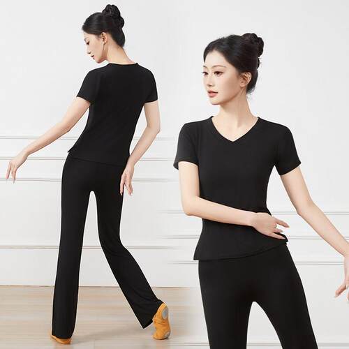 春夏黑色短袖舞蹈练功服女V领套装成人专业训练服黑色高弹微喇叭