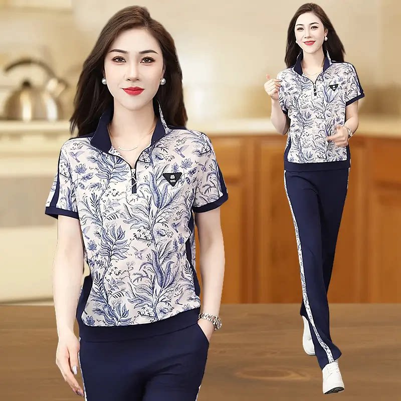 中年碎花大码百搭两件套夏季显瘦时尚女士洋气休闲服运动套装夏装