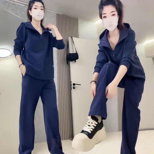 新款半拉链连帽卫衣阔腿裤俩件套