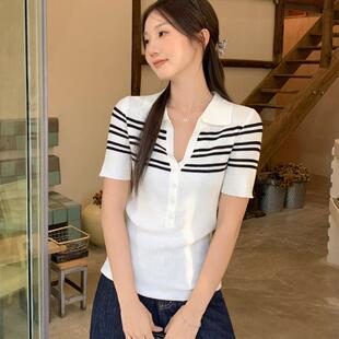 韩系纽扣半开领短袖t恤条纹针织衫女修身显瘦夏日漂亮修身小上衣