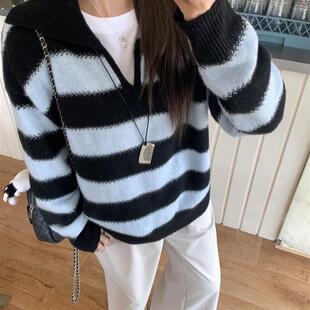 韩系翻领条纹拼接撞色针织衫女2025早秋季宽松慵懒风套头毛衣外套
