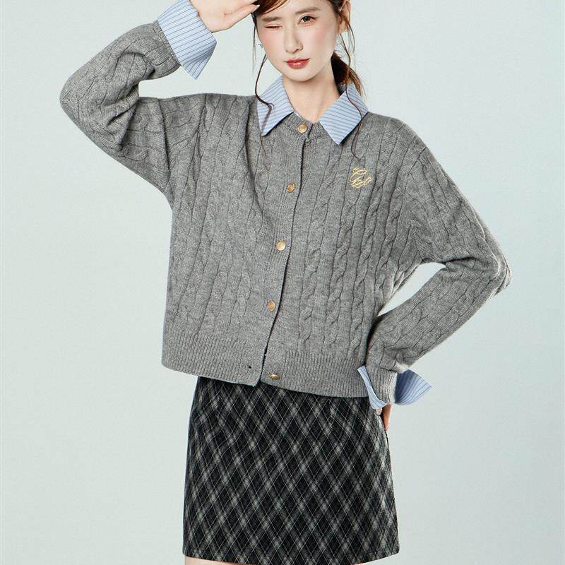 灰色POLO领麻花假两件长袖针织开衫毛衣外套打底衫内搭春季上衣女