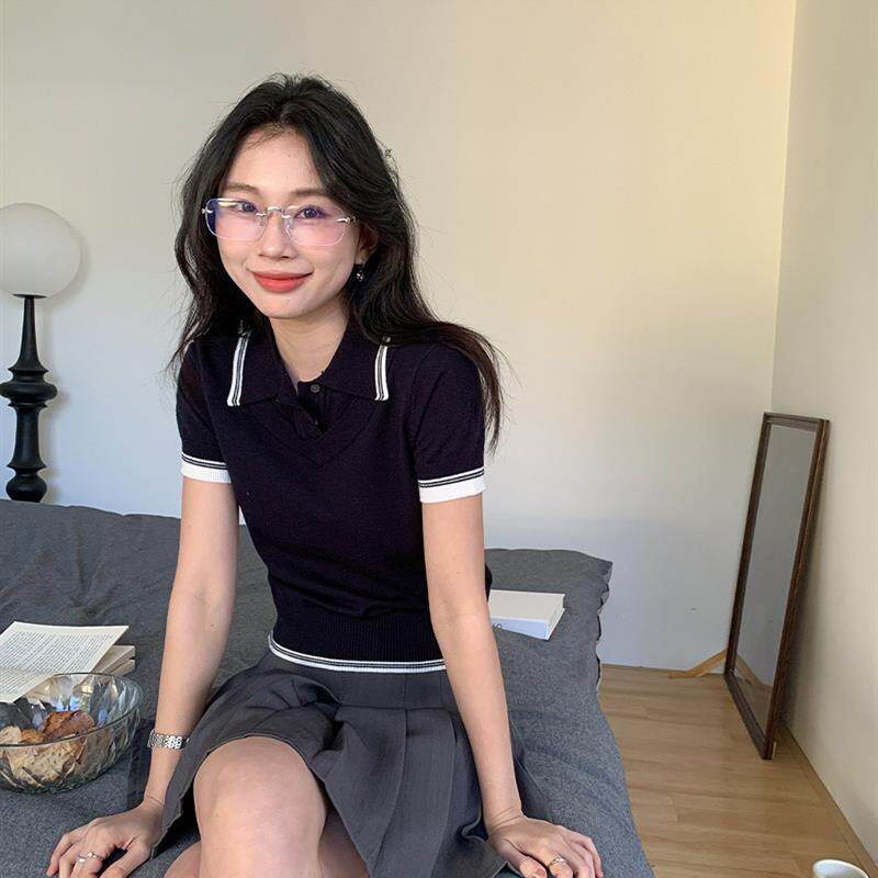 花灰POLO领假两件设计针织短袖女夏季纯欲小个子百搭修身打底上衣