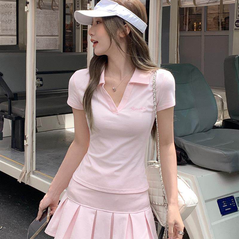 粉色正肩短袖polo衫T恤女夏季修身V领上衣百褶A字半身短裙裤套装