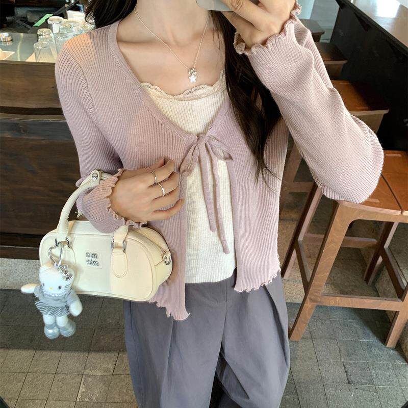 粉色蕾丝花边假两件设计感针织衫女2026秋冬修身打底内搭长袖上衣