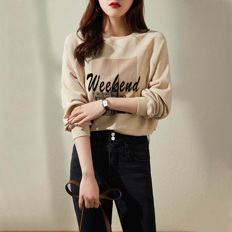 奶杏色印花棉卫衣女装2026年春款新款一件代发薄款时尚上衣短款