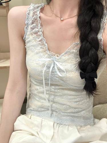 黑色网纱系带背心蕾丝上衣