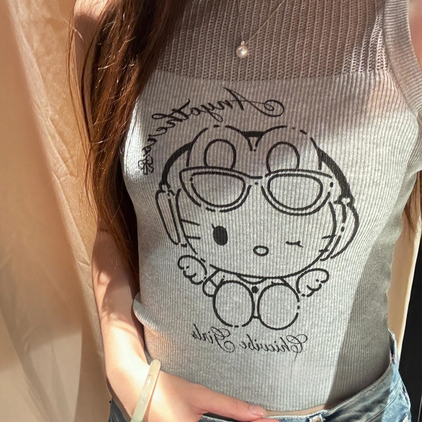Brandy vm bm灰色甜酷无袖针织背心Kitty凯蒂猫内搭外穿上衣