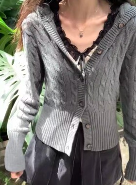 Brandy bm美式复古连帽麻花针织开衫女修身显瘦单排扣毛衣外套