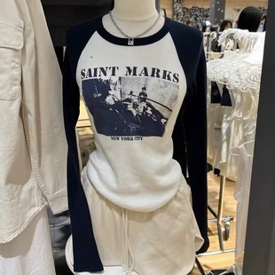 上衣bella brandy新款 T恤女bm纯棉修身 长袖 top 乐队图案印花插肩袖