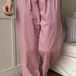 brandy bm红色格纹休闲运动裤弹力松紧系绳腰舒适长裤百搭INS