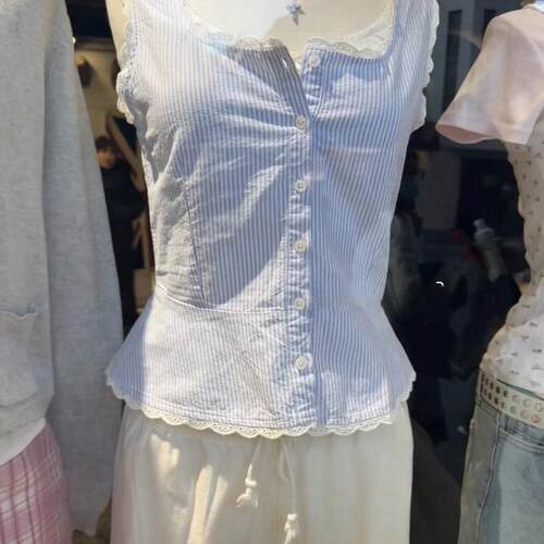 brandy girl浅蓝色条纹花边领外穿吊带背心女bm百搭少女感