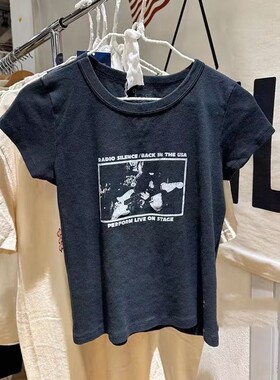 Brandy BM美式复古黑色吉他图案短袖T恤女bm纯棉修身辣妹打底上衣