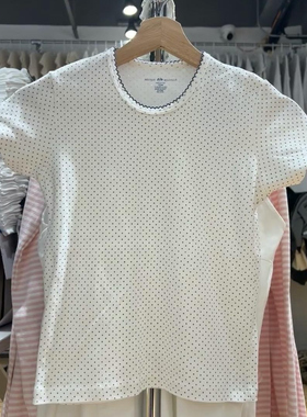 Brandy bm花边波点白色正肩短袖女T恤纯棉夏2025新款设计感减龄