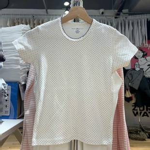 Brandy bm花边波点白色正肩短袖女T恤纯棉夏2025新款设计感减龄
