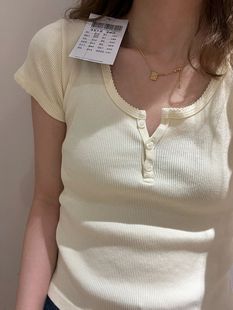 Zelly Top美式休闲三粒扣bm修身短款上衣纯棉螺纹短袖T恤女夏短