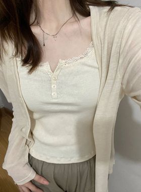 Brandy girl鹅黄色bm蕾丝花边纽扣吊带女夏外穿内搭纯棉罗纹背心