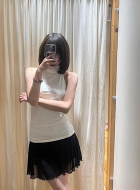 Brandy girl bm白色挂脖吊带背心女新款辣妹风修身高领无袖上衣