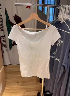 汁浯鲨同款白色全棉超薄柔软V领短袖T恤女春夏季bm纯欲卷边上衣