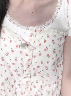 Brandy bm新款美式复古碎花蕾丝边系带吊带背心bm辣妹短袖上衣女