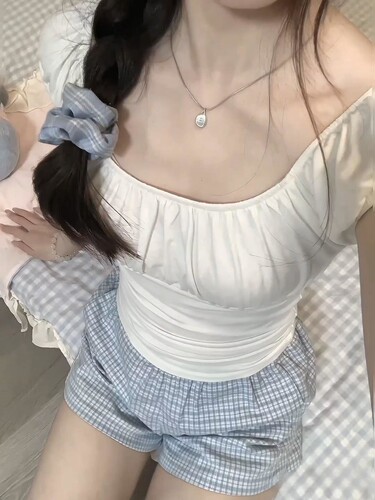 BM新款白色泡泡袖褶皱方领纯棉短袖T恤女bm纯欲风修身短款上衣ins