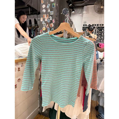 Brandy bm美式复古撞色条纹中袖T恤女修身显瘦七分袖上衣韩版