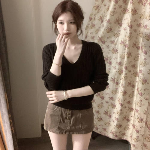 Brandy bm棕色V领麻花针织衫女修身收腰毛衣长袖打底衫显瘦上衣