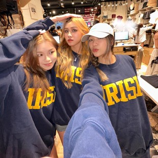 复古藏青色bm圆领卫衣女宽松慵懒风落肩oversize外套 美式 秋季 新款