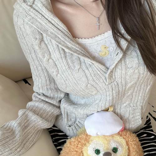 Brandybm灰色麻花毛衣女秋冬新款