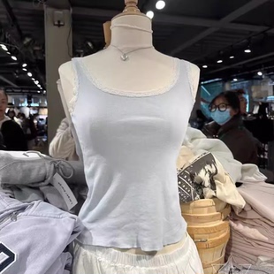 brandy新款 水粉藍(lán)蕾絲花邊背心純欲吊帶女內(nèi)搭bm純棉外穿顯瘦上衣