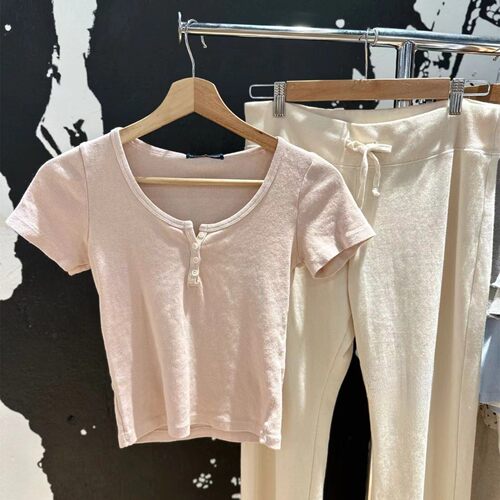 粉色螺纹短袖T恤女夏季女