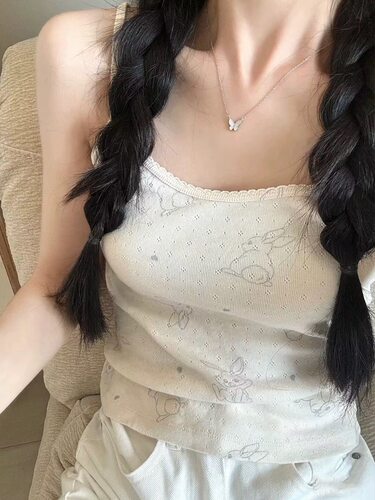Brandy girl bm吊带背心奶白小兔子印花孔眼背心纯棉修身外穿
