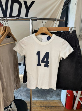 Brandy bm 春夏美式复古风数字14印花短袖T恤女白色全棉紧身上衣