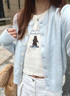 Brandy纯欲风软糯感奶蓝色针织毛衣开衫女秋季新款bm简约短外套