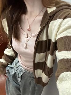 复古棕色连帽条纹针织开衫 bm美式 女毛衣卫衣外套ins Girl Brandy