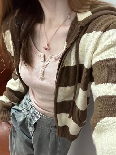 bm连帽条纹针织开衫毛衣