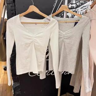 打底衫 Brandy新款 T恤女秋季 长袖 bm鸡心领上衣 白色蝴蝶结v领修身