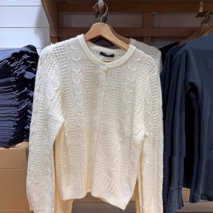 Brandy 上衣休闲外套潮 复古乳白圆领麻花bm毛衣女宽松针织开衫