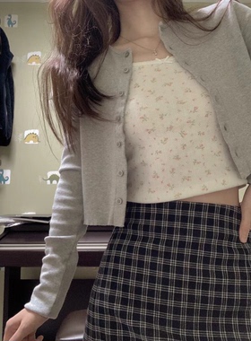 Brandy Girl bm美式复古短款上衣单排扣修身长袖针织开衫女外套