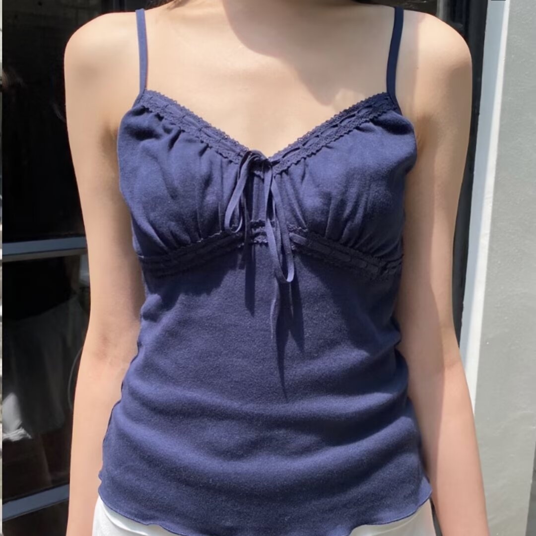 Brandy bm新款美式绝美藏青色蕾丝边系带外穿吊带背心女夏季上衣