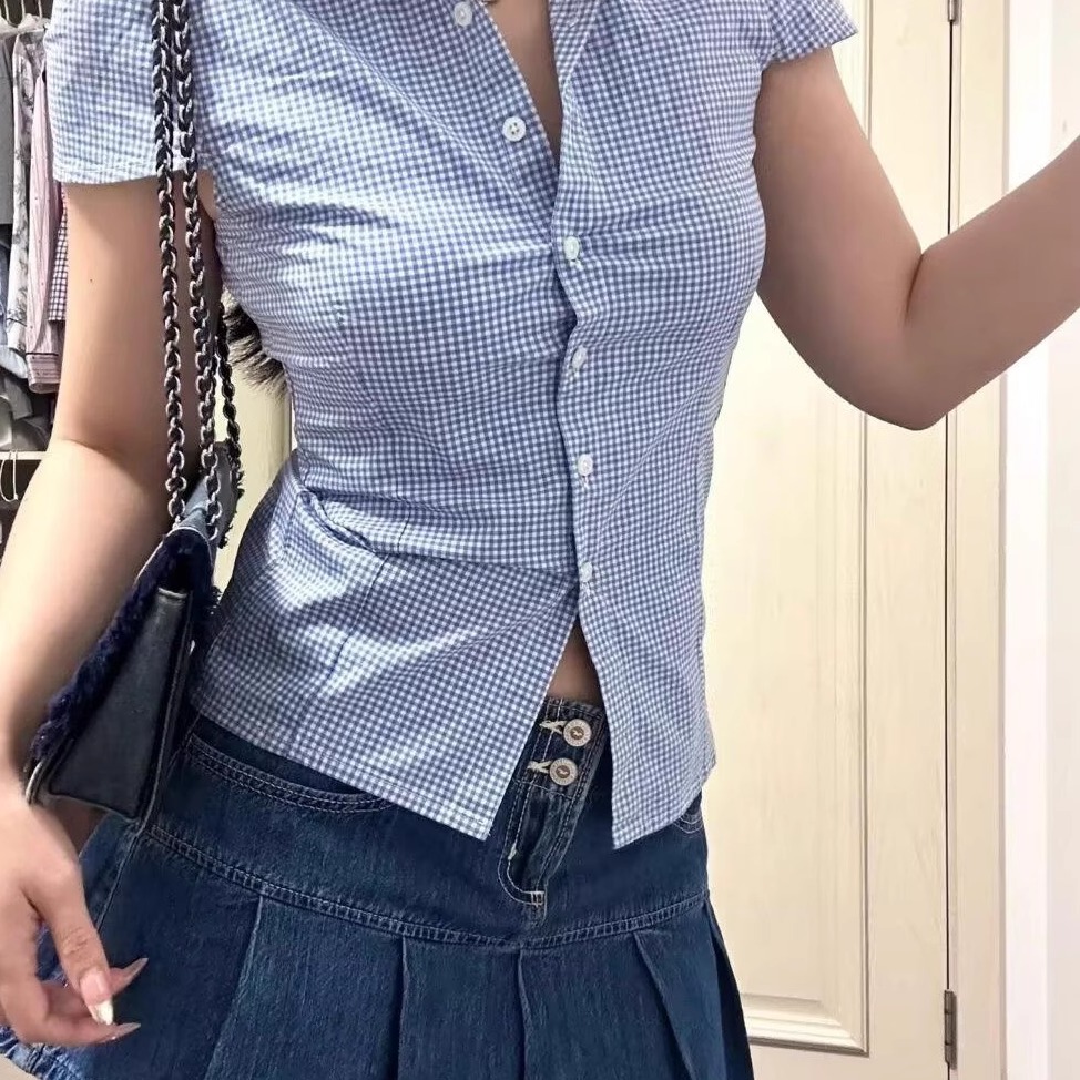 Brandy bm翻领藏蓝格子短袖棉衬衫港风收腰简洁干练上衣女夏