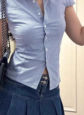 Brandy bm翻领藏蓝格子短袖棉衬衫港风收腰简洁干练上衣女夏