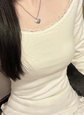 Brandy Girl新款白色蕾丝边大圆领长袖T恤女纯棉打底衫bm甜美上衣