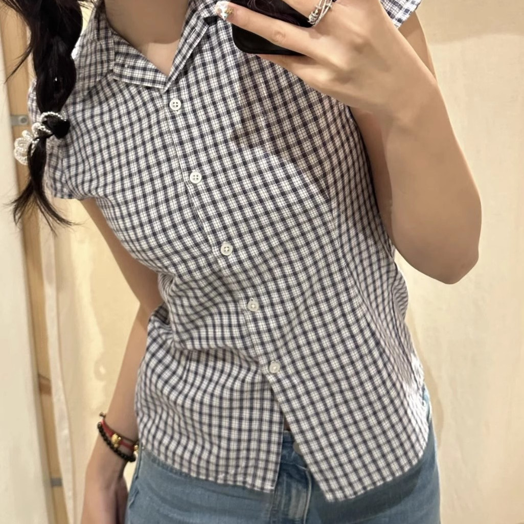 Brandy bm翻领藏蓝格子短袖棉衬衫港风收腰简洁干练上衣女夏