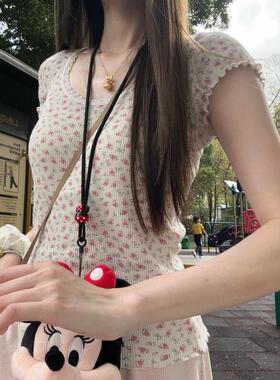 Brandy bm纯欲甜美蕾丝花边圆领华夫格碎花短袖T恤女新款