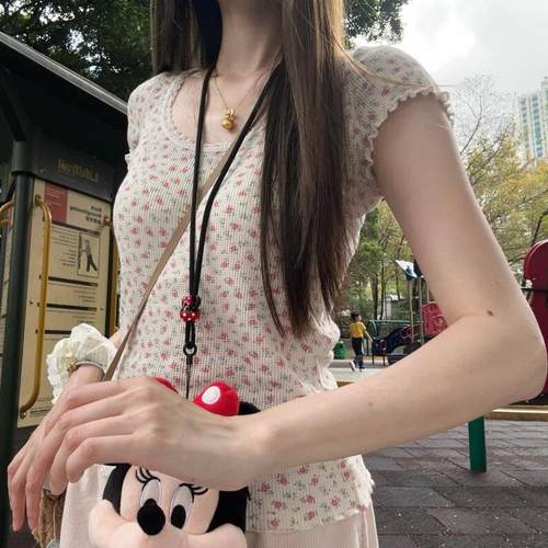 Brandy bm纯欲甜美蕾丝花边圆领华夫格碎花短袖T恤女新款