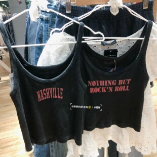 brandy girl黑色字母刺绣bm吊带背心女夏紧身辣妹美式复古ins