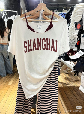 Brandy bm白色shanghai美式复古一字领短袖T恤女宽松字母正肩上衣