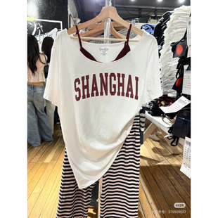 T恤女宽松字母正肩上衣 复古一字领短袖 Brandy bm白色shanghai美式