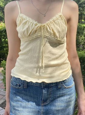 Brandy bm美式复古黄色蕾丝边系带外穿吊带背心女百搭上衣女